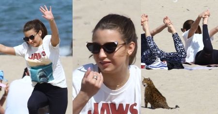 Julia Wieniawa robi fikołki na plaży w Sopocie i wypina pupę przy miauczącym kocie (ZDJĘCIA)