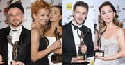 Telekamery 2020. Zwycięzcy wdzięczą się na ściance, prezentując statuetkę: Julia Wieniawa, Katarzyna Zielińska, Baron, Paulina Sykut-Jeżyna... (ZDJĘCIA)