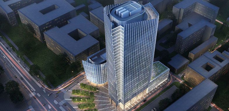 Mennica Legacy Tower to 140-metrowa wieża i sąsiadujący z nią 43-metrowy budynek.