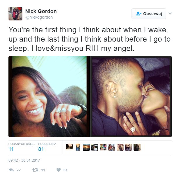 Nick Gordon, były chłopak Bobbi Kristiny Brown wspomina ją na Twitterze