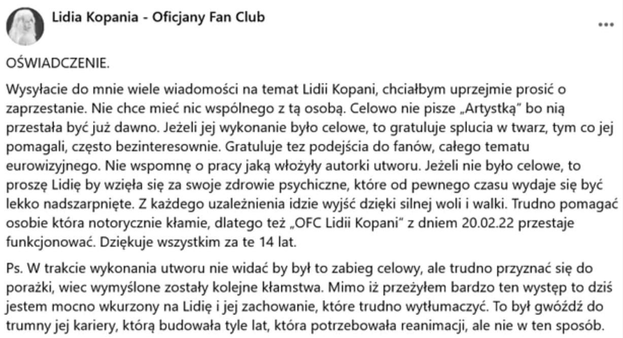 Lidia Kopania - oświadczenie fan klubu