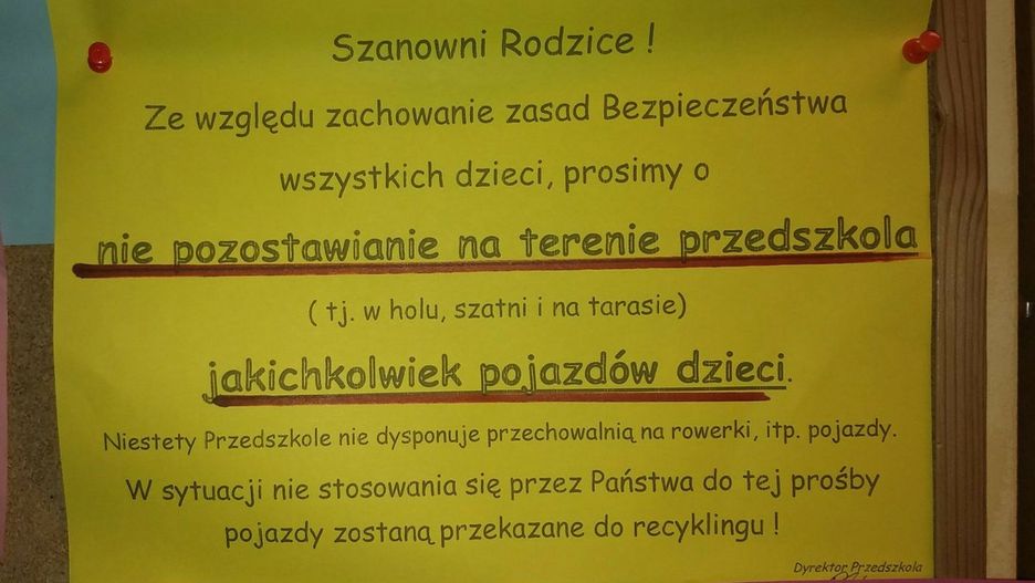 Ogłoszenie zamieszczone w przedszkolu