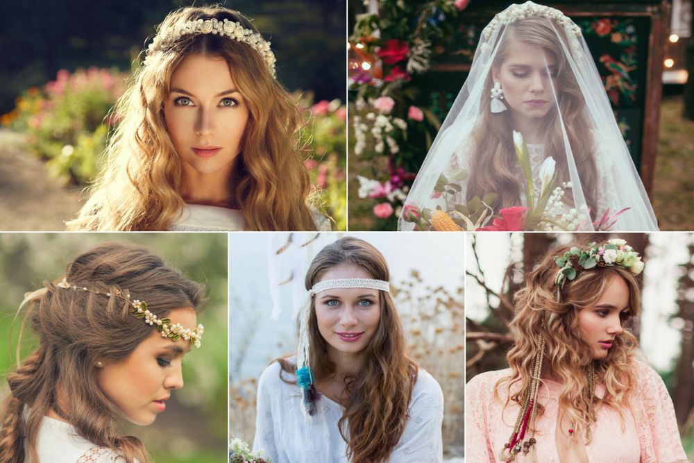 Ozdoby do fryzury ślubnej w stylu boho to przede wszystkim cienkie wstążki i opaski, a także kwiatowe wianki 