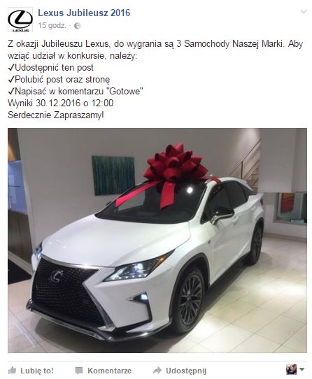 W tym facebookowym konkursie każdy wygrał Lexusa. Ty też. Niestety jest to kolejne oszustwo