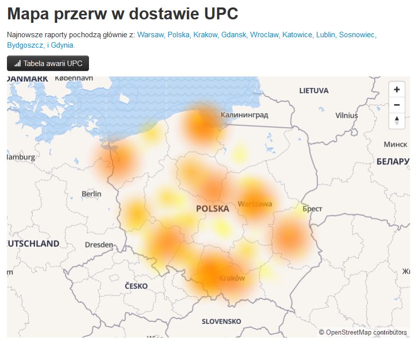 Mapa przerw w dostawie UPC 