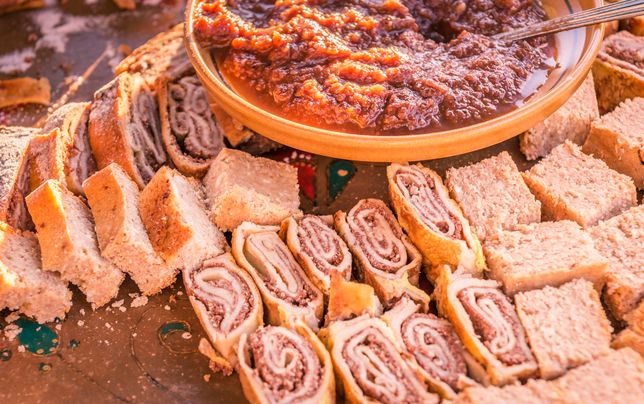 Sweet rolls and tasty cakes based on dried pears, served with a delicious pear jam, specific to the Zasip town, Slovenia. 