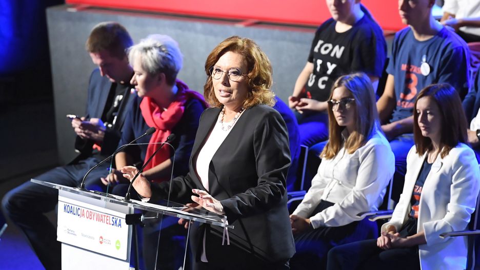 Wybory parlamentarne 2019. Małgorzata Kidawa-Błońska, kandydatka Koalicji Obywatelskiej na premiera, podczas konwencji wyborczej w Krakowie.