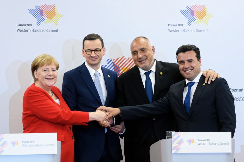 Sczyta Bałkanów Zachodnich. Na zdjęciu kanclerz Niemiec Angela Merkel (L), premier Mateusz Morawiecki (2L), premier Bułgarii Bojko Borisow (2P), premier Macedonii Północnej Zoran Zaew (P)