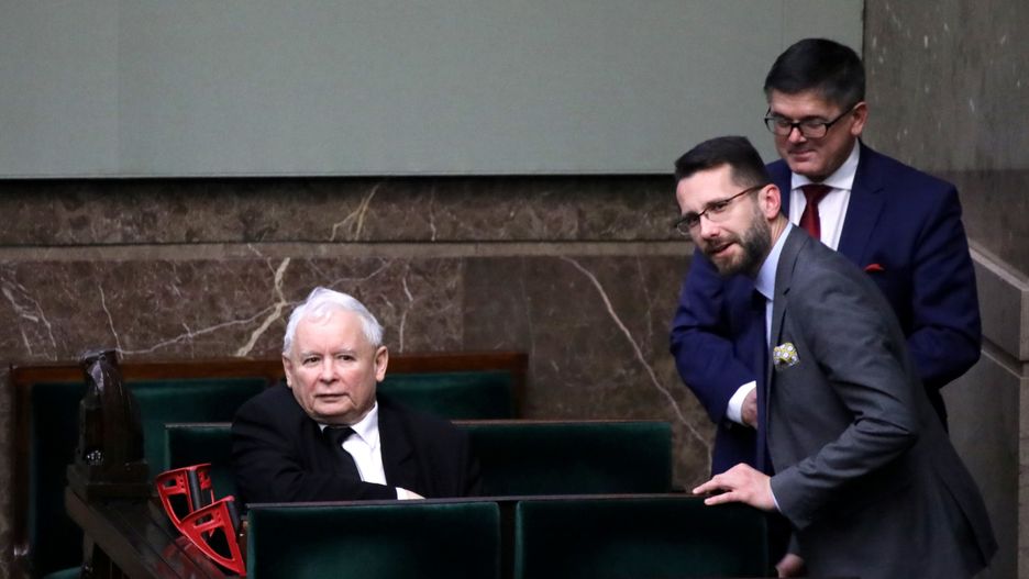 Prezes PiS Jarosław Kaczyński (obok Tomasz Rzymkowski oraz Radosław Fogiel)