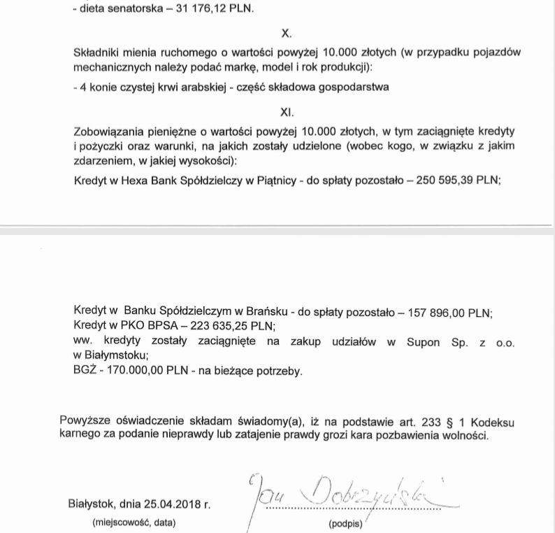 Fragment oświadczenia majątkowego senatora Dobrzyńskiego 