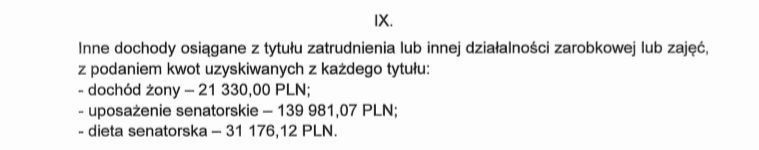 Fragment oświadczenia majątkowego senatora Dobrzyńskiego 