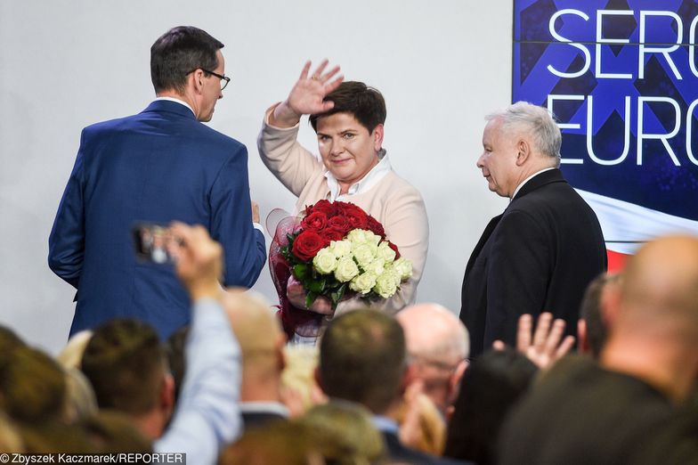 Wybory do europarlamentu 2019. Na zdj. premier Mateusz Morawiecki (L), wicepremier Beata Szydło (C), prezez PiS Jarosław Kaczyński (P).
