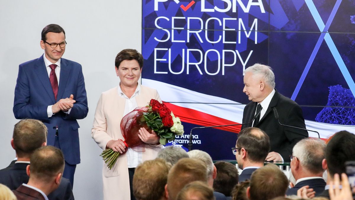 Wyniki wyborów do Parlamentu Europejskiego 2019. Na zdj. premier Mateusz Morawiecki (L), wicepremier Beata Szydło (C), prezes PiS Jarosław Kaczyński (P).