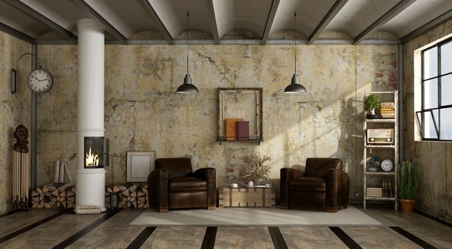 Salon w stylu rustykalnym to wnętrze, w którym nie ma plastiku – elementy wyposażenia wykonane są z drewna, kamienia, skóry, żelaza, ceramiki i gliny 