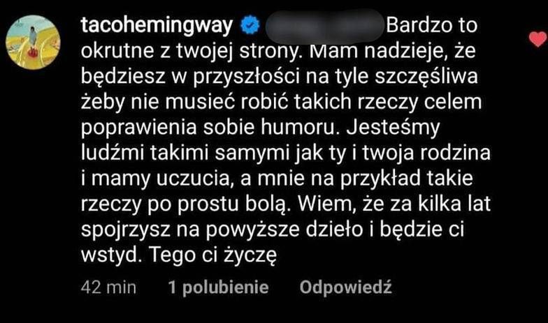 Taco Hemingway - reakcja na obraźliwy mem z Igą Lis w roli głównej