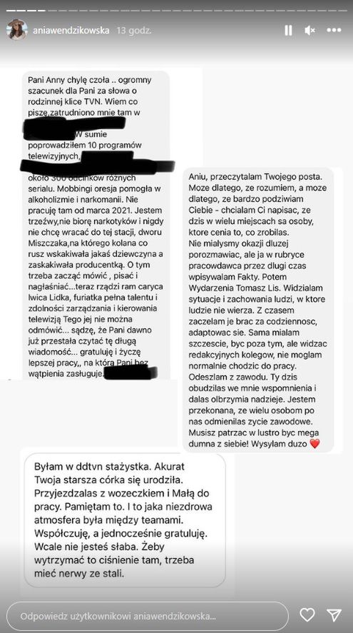 Anna Wendzikowska udostępniła wiadomości od pracowników TVN