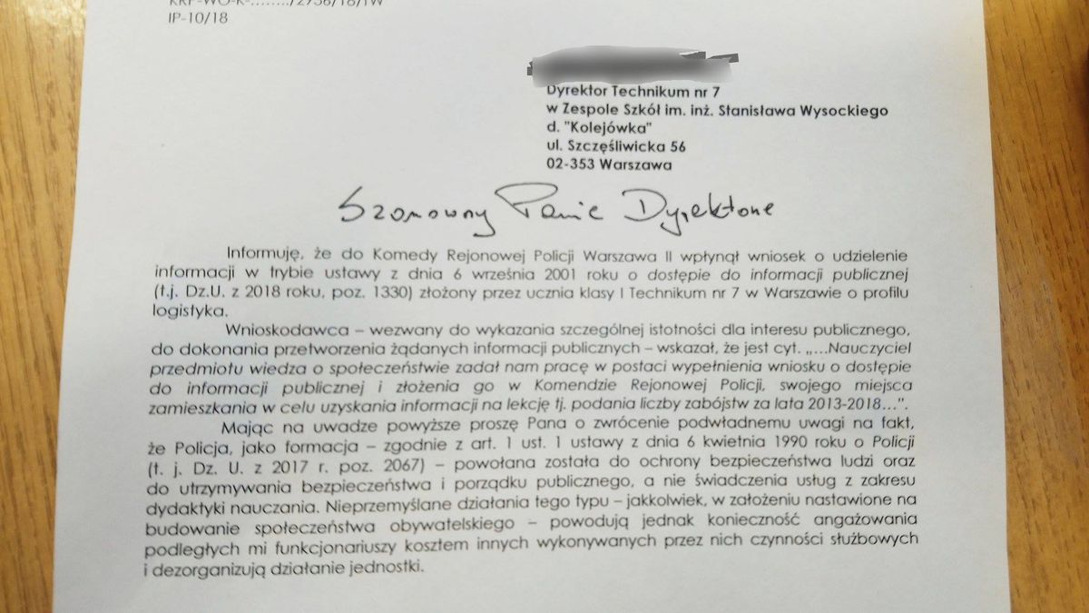 Policji nie podobają się działania dydaktyczne warszawskiej szkoły