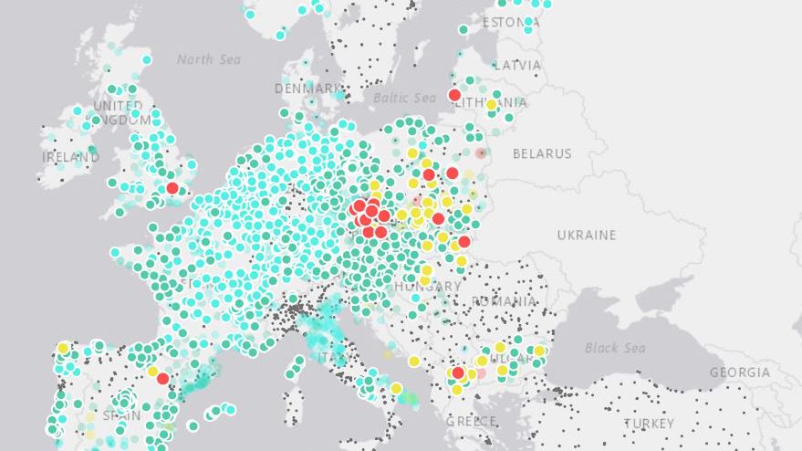 Mapa jakości powietrza w Europie. Dane z 1 maja 2018