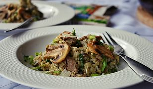 Risotto pieczarkowe z polędwiczkami na zielono