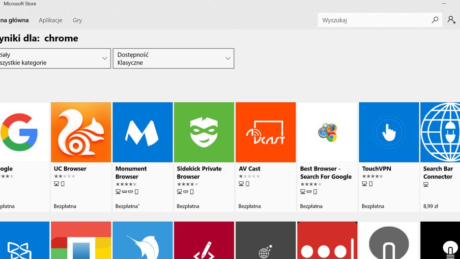 Wyniki dla Chrome w Windows Store.