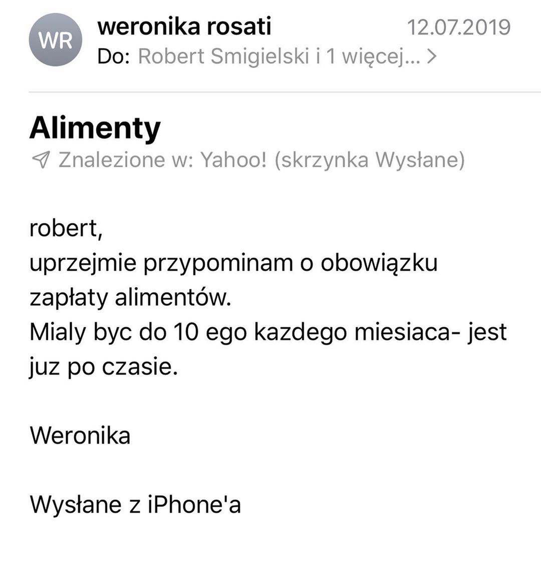 Weronika Rosati – screen e-maila wysłanego do Roberta Śmigielskiego