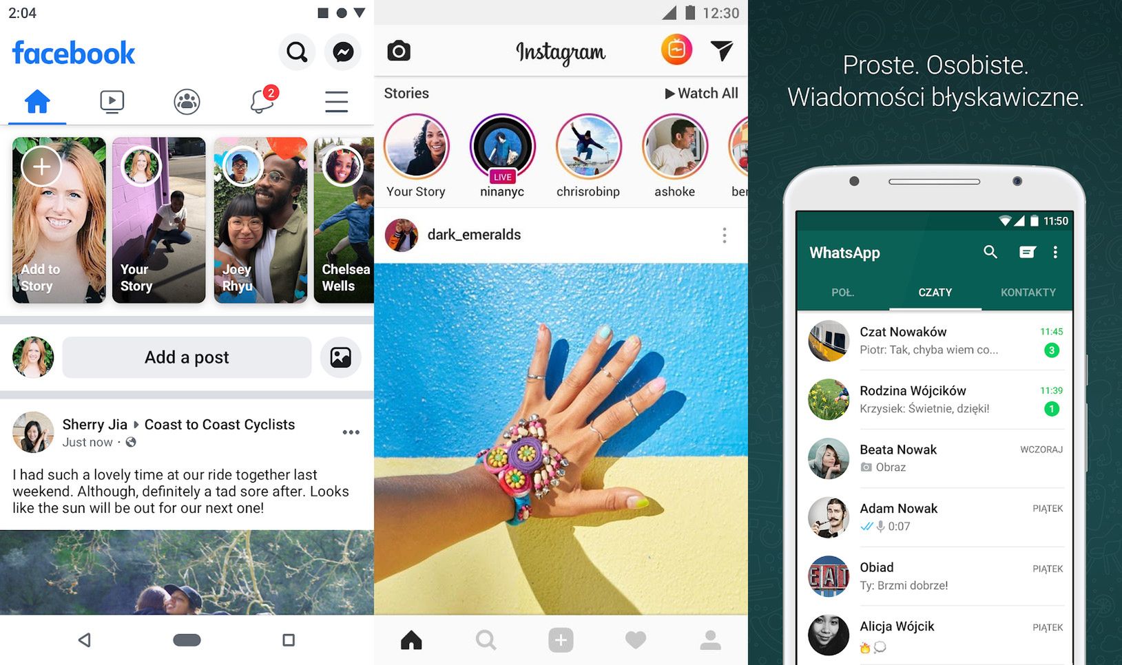 Facebook, Instagram, WhatsApp - przykładowe screeny z aplikacji na Androida 