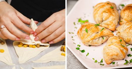 Przekąska z ciasta francuskiego z serem, pieczarkami i kukurydzą