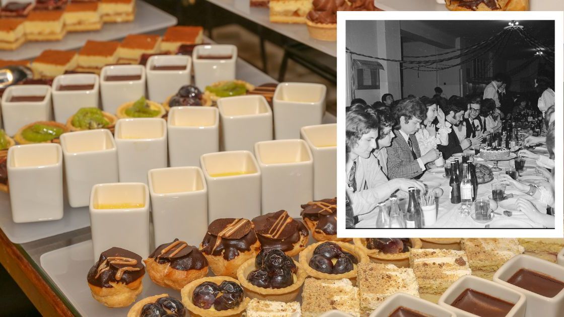 Jedzenie na studniówkach- Pyszności/ żródło: Canva,  Narodowe Archiwum Cyfrowe