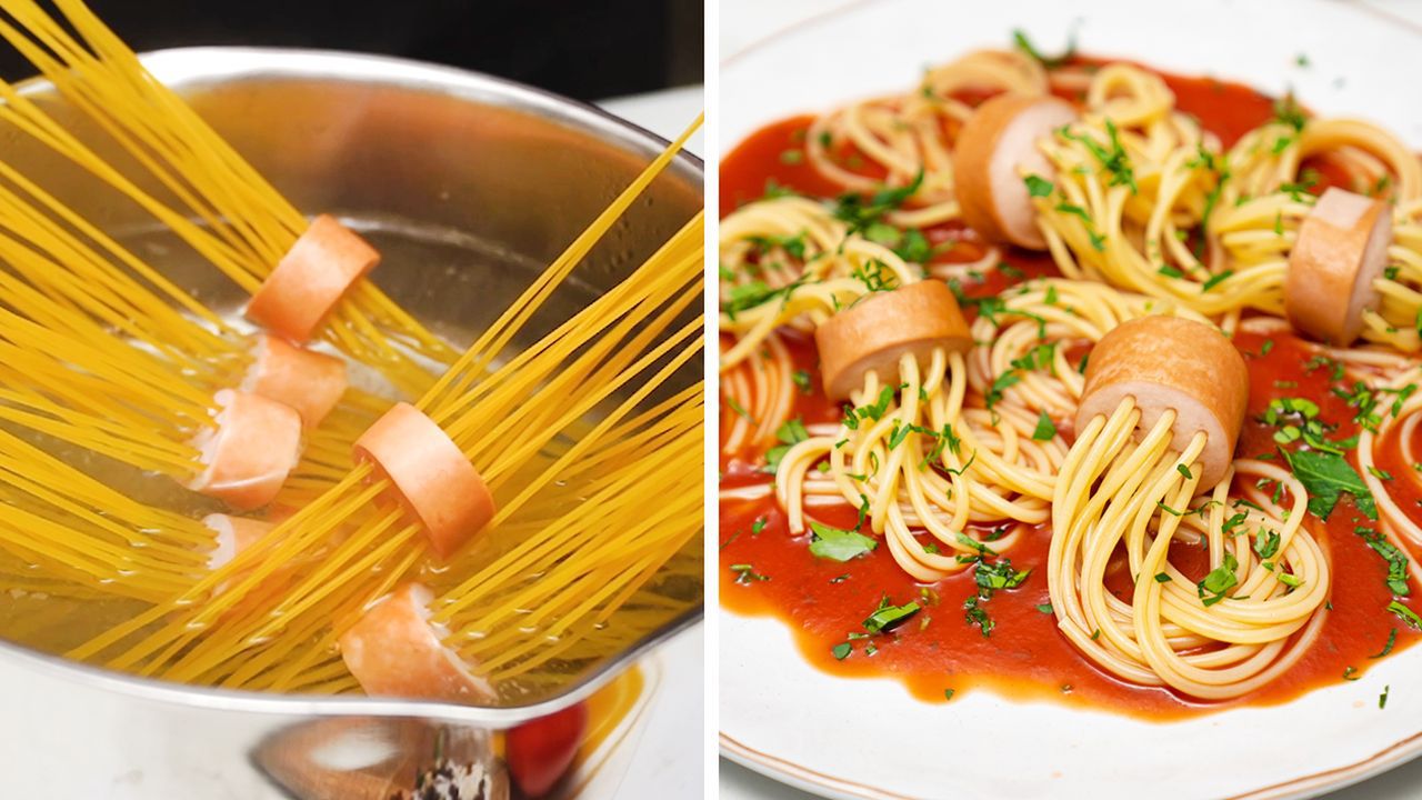 Spaghetti z parówkami- Pyszności