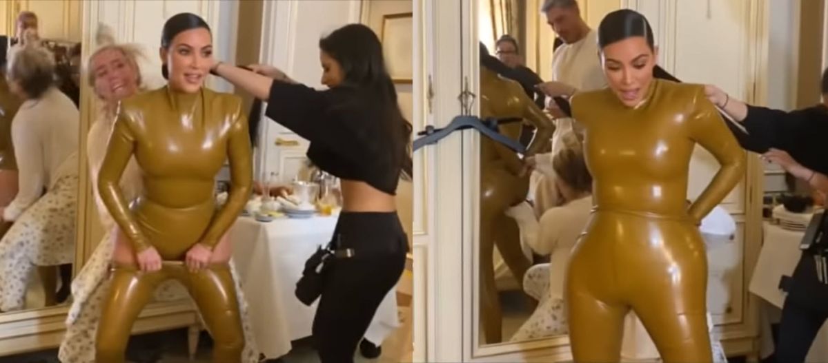 Pamiętacie lateksowy strój Kim Kardashian? Zobaczcie, jak go zakładała! [WIDEO]