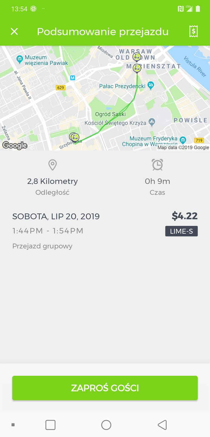 Grupowy przejazd w Lime i kwota wyświetlana w dolarach 