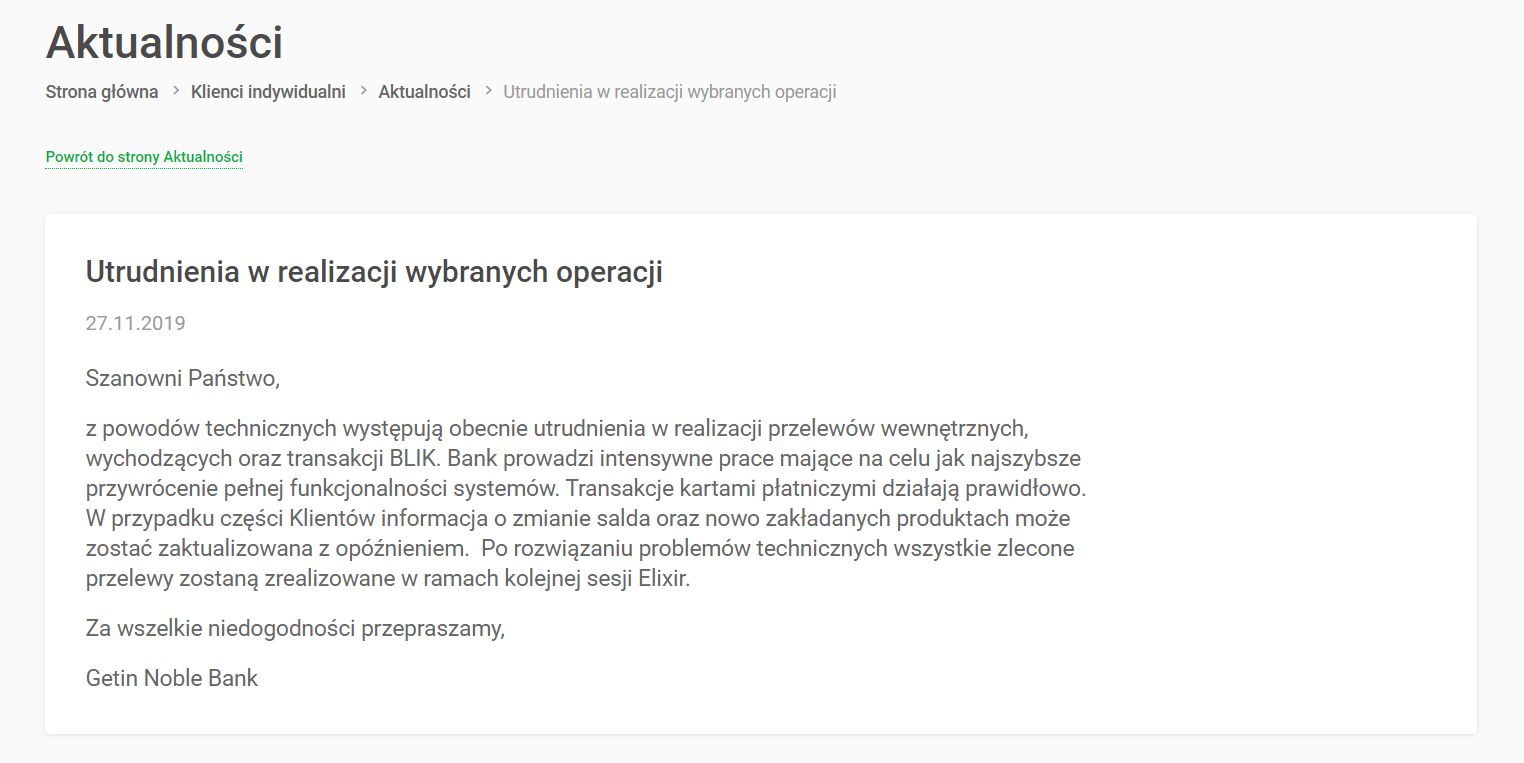 Getin Bank przeprasza za utrudnienia w wyniku awarii 