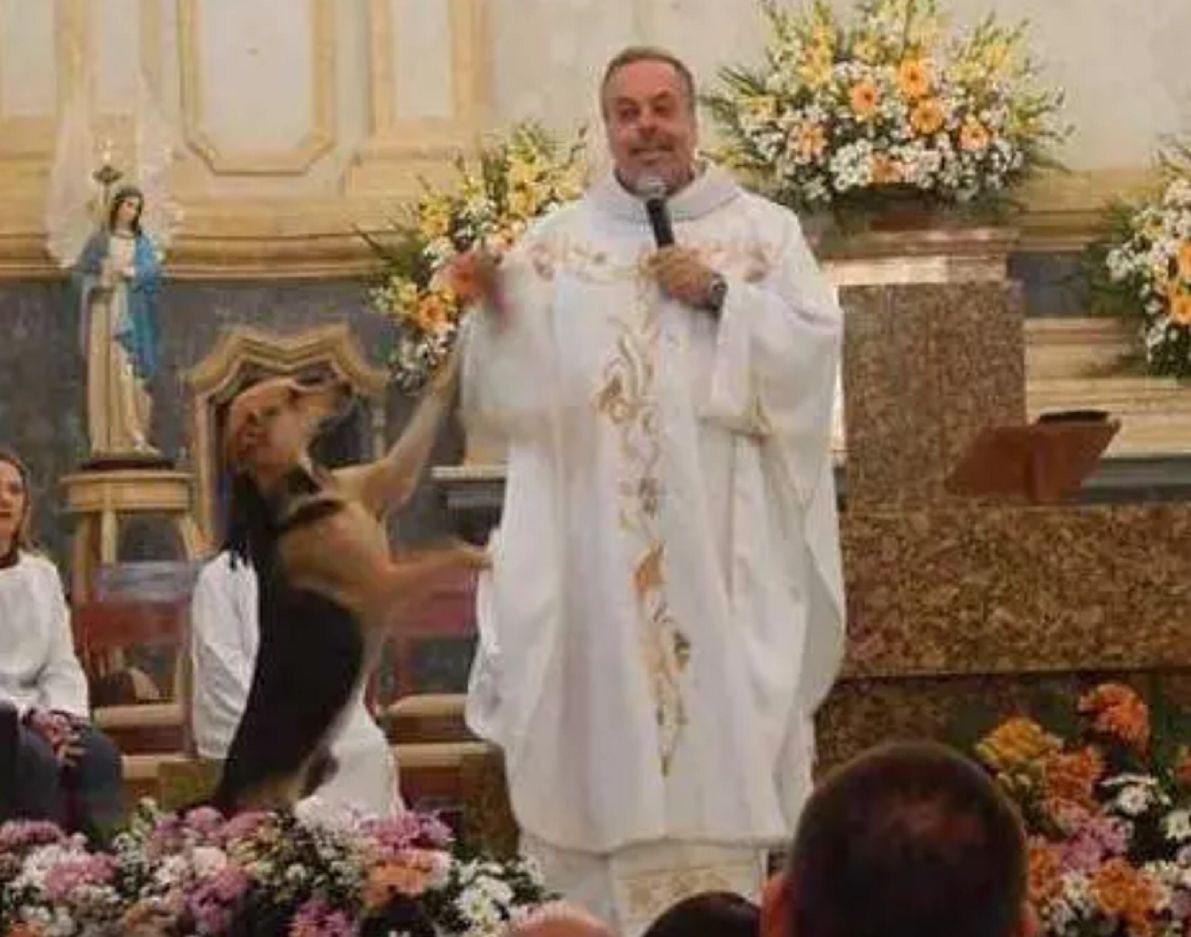 Pies na mszy w kościele. Ksiądz dba, żeby wszyscy dobrze widzieli