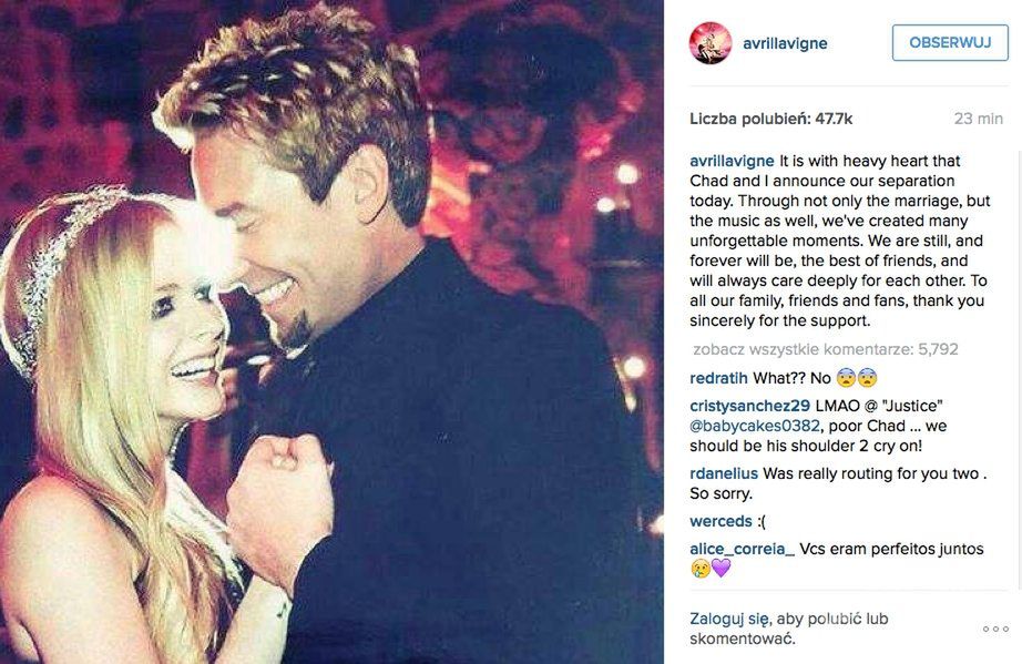 Avril Lavigne i Chad Kroeger z Nickelback rozwodzą się - oświadczenie pary