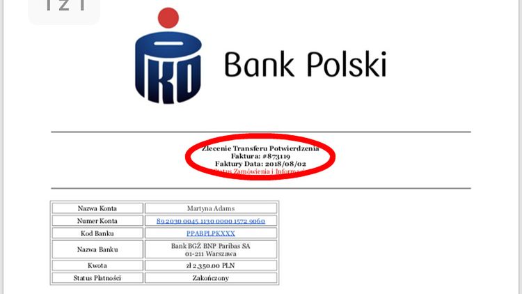 Fragment nieudolnie podrobionego potwierdzenia przelewu.
