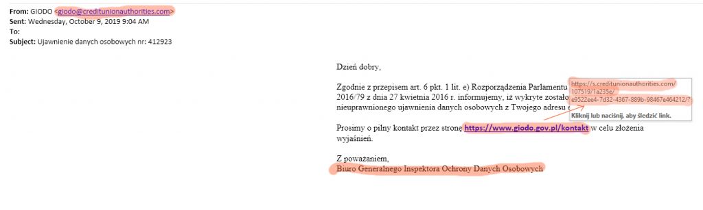 Przykładowy e-mail od cyberprzestępców podszywających się pod GIODO. 