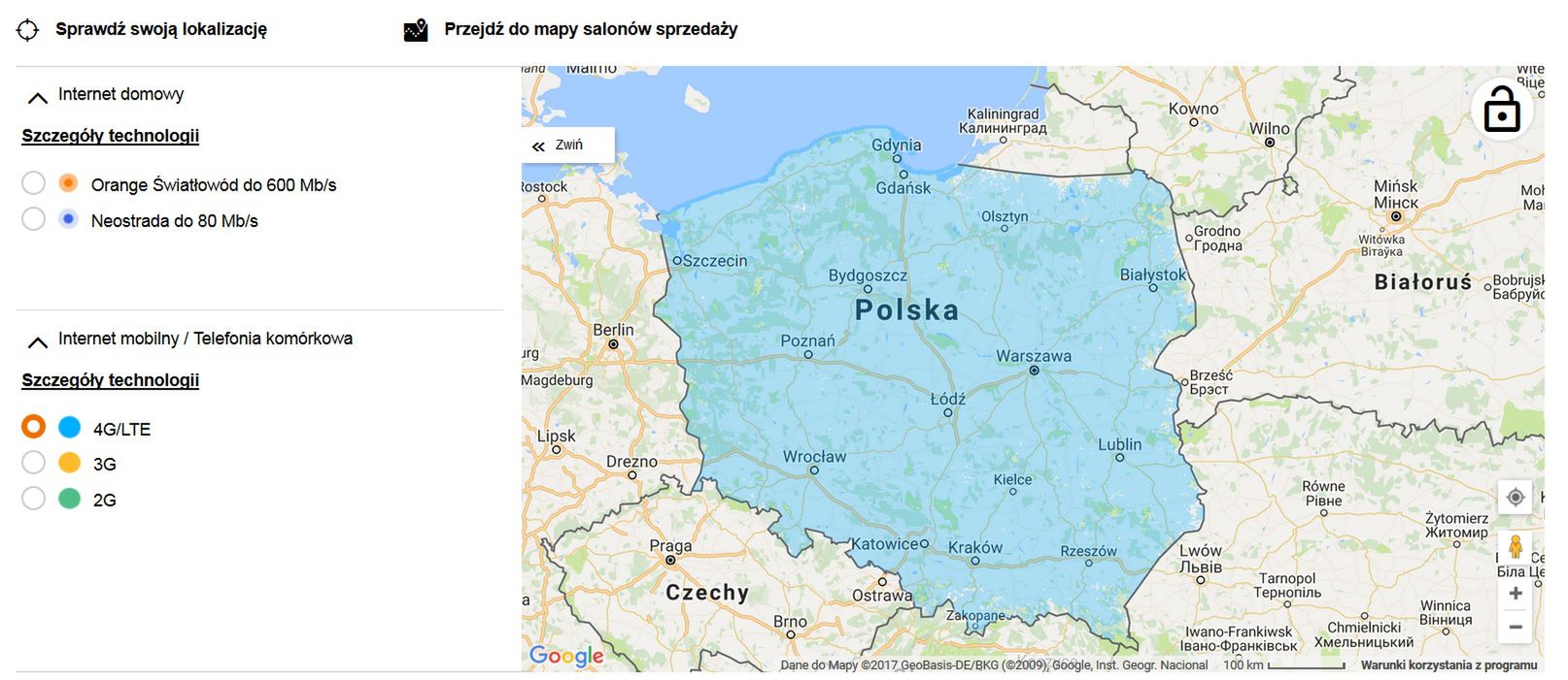Mapa zasięgu LTE ze strony orange.pl 