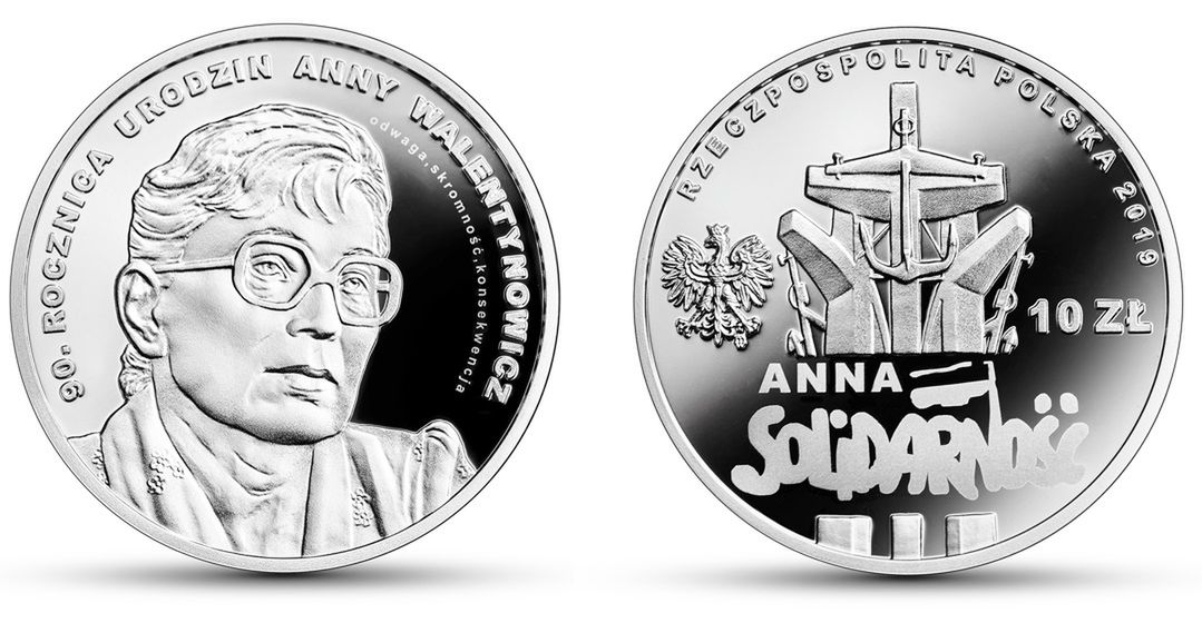 Awers i rewers okolicznościowej monety z okazji 90. rocznicy urodzin Anny Walentynowicz 