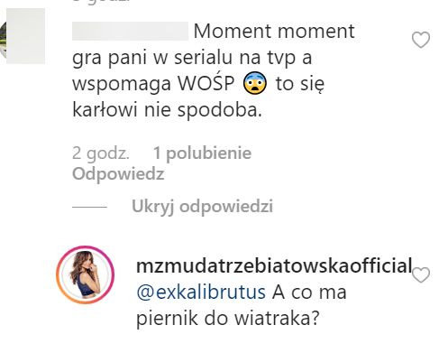 Marta Żmuda Trzebiatowska weszła w dyskusję z fanem na temat WOŚP. 