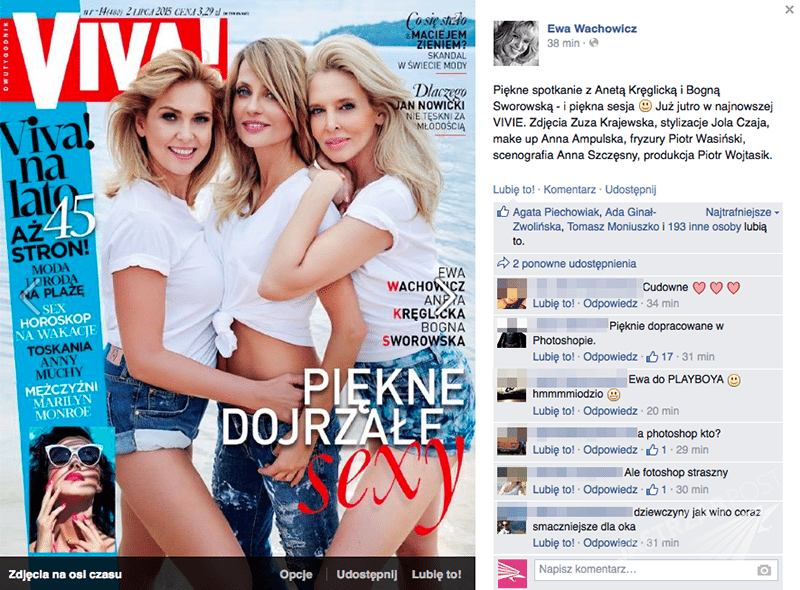 Ewa Wachowicz pokazała okładkę Vivy! na Facebooku. Podziękowała też autorom sesji