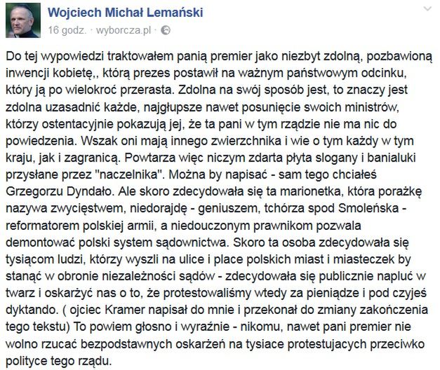 Wpis ks. Wojciecha Lemańskiego na Facebooku 