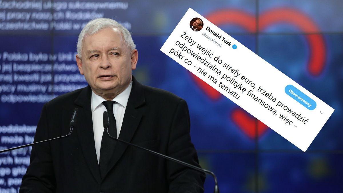 Jarosław Kaczyński apelujący o deklarację ws. euro i odpowiedź Donalda Tuska