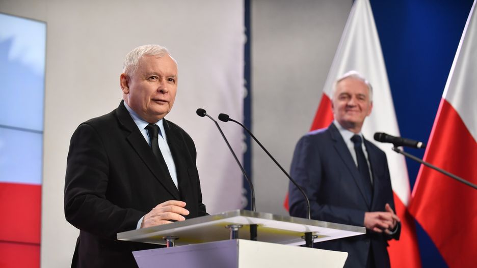Jarosław Gowin i Jarosław Kaczyński na wspólnej konferencji