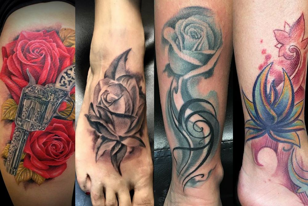Tatuaż damski na nodze inspirowany motywami florystycznymi równie dobrze wygląda w czerni i w kolorze 