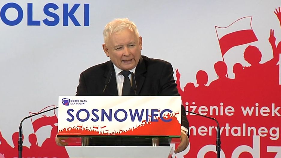 Wybory parlamentarne 2019. Prezes PiS Jarosław Kaczyński na wiecu w Sosnowcu