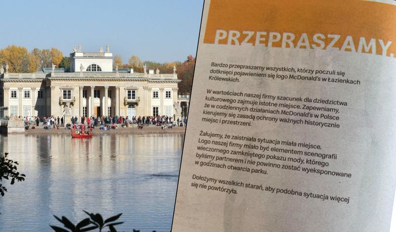 McDonald's przeprasza za pływającą reklamę w Łazienkach Królewskich w Warszawie