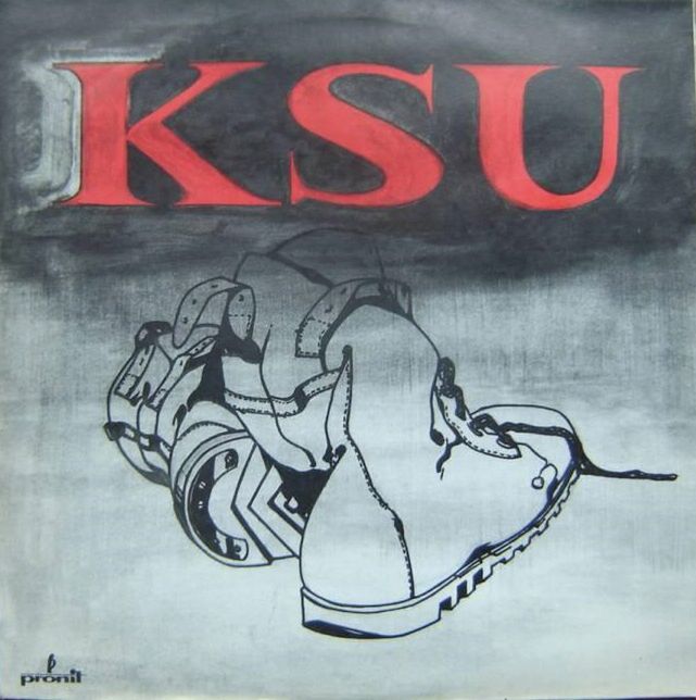 Okładka pierwszego wydania płyty punk-rockowego zespołu KSU „Pod prąd”, z roku 1988 ze stylizowanym wizerunkiem „opinaczy”. 