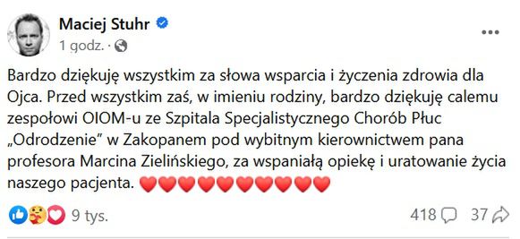 Maciej Stuhr dziękuje za opiekę nad ojcem