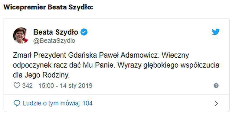 Beata Szydło żegna Pawła Adamowicza