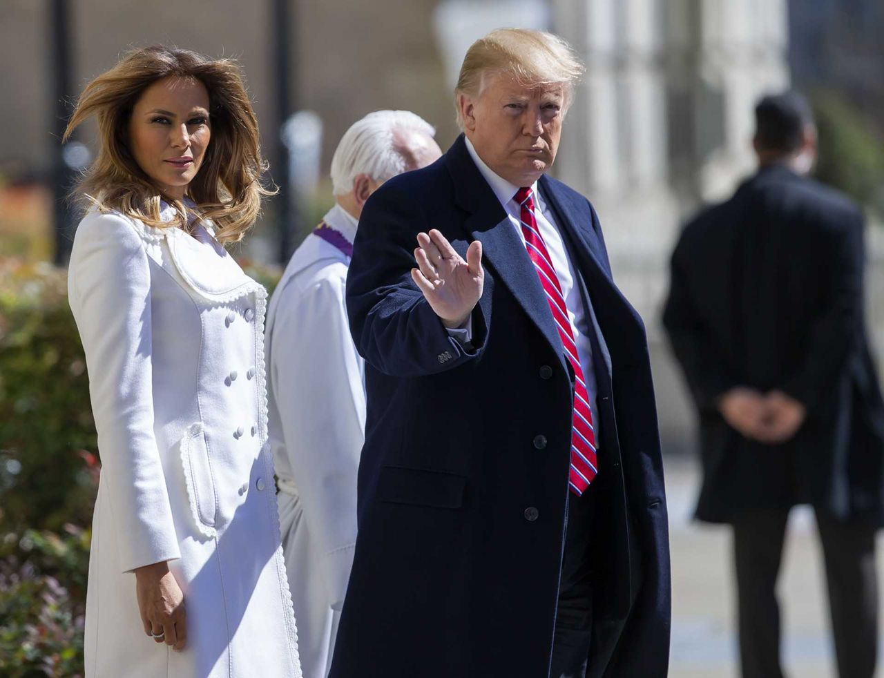 United States President Donald J. Trump (R) and First Lady Melania Trump (L) depart after attending services at St. John's Episcopal Church in Washington, DC, USA, 17 March 2019. The Trumps attended church on St. Patrick's Day.
CAP/MPI/RS
©RS/MPI/Capital Pictures